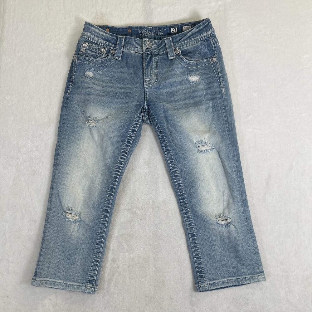 Miss Me Mid Rise Easy Crop Capri Fleur Di Lis Bling Denim Jeans Sz 27 JE8719EC